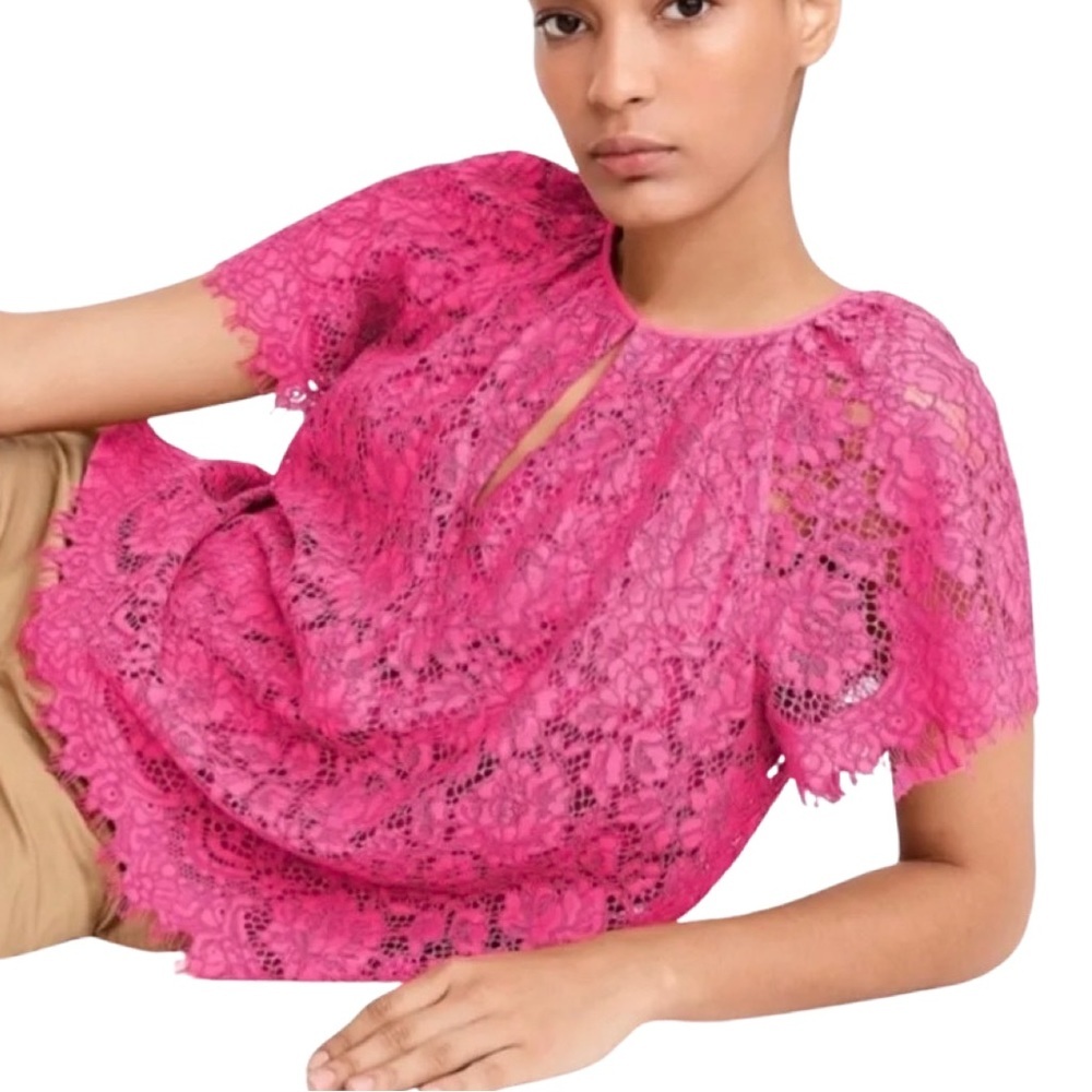 J Crew Vibrant Pink Tulle Lace Top Size Medium Petite